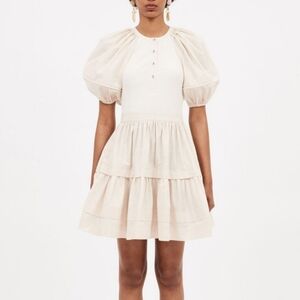 ULLA JOHNSON Amelia Ivory Balloon Sleeve Tiered Skirt Ribbed Bodice Dress